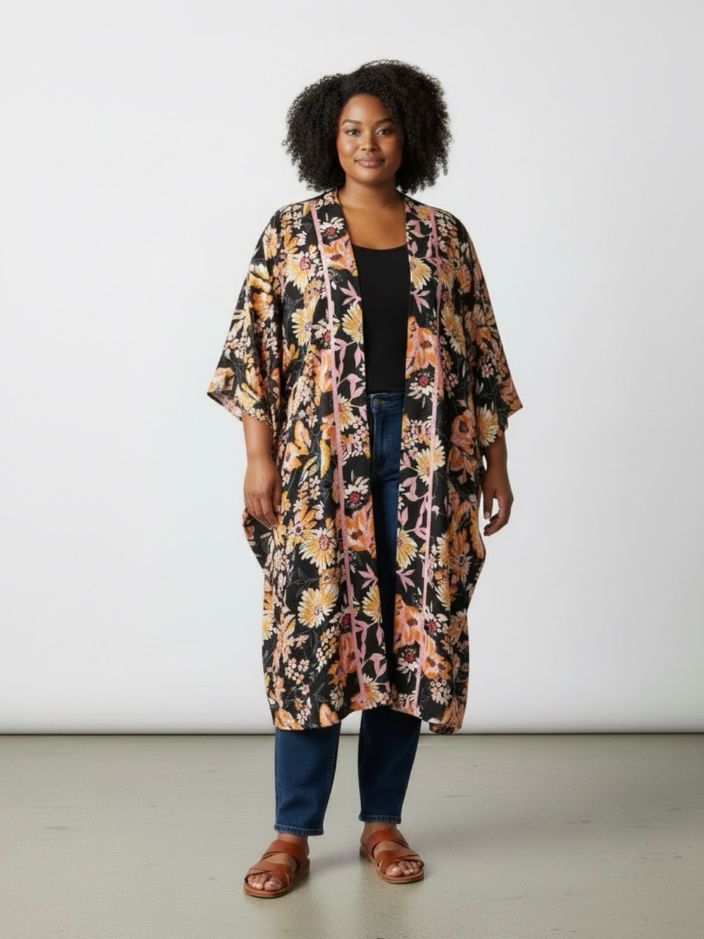 Bobeau Black Floral Maxi Kimono with Pink & Orange Accents Size 2X